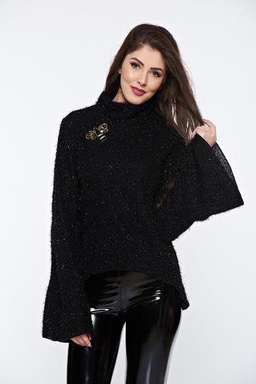 Pulover Ocassion negru casual tricotat cu maneci clopot