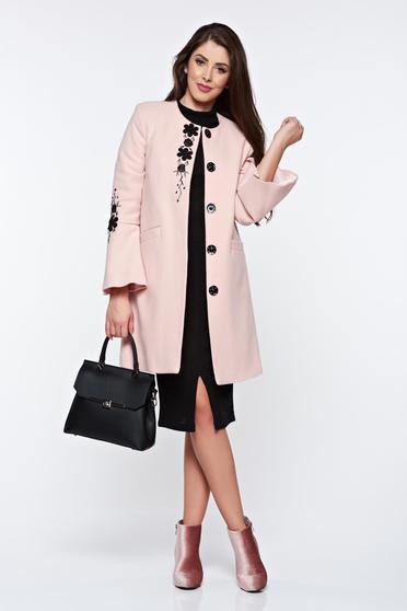 Palton LaDonna rosa elegant drept brodat din lana