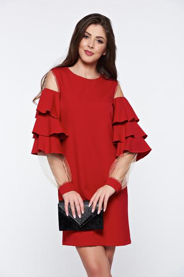 Rochie PrettyGirl rosie de ocazie cu volanase la maneca