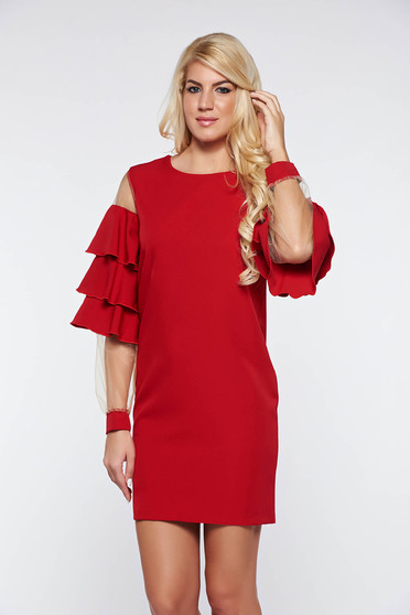 Rochie PrettyGirl rosie de ocazie din material elastic si fin captusita pe interior cu volanase la maneca