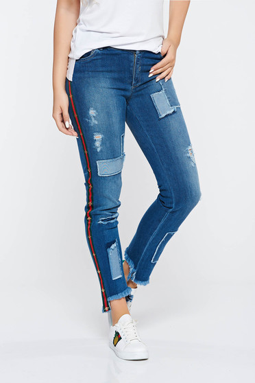 Blugi Ocassion albastri casual skinny cu talie medie din bumbac cu buzunare