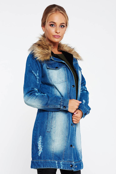 Geaca Ocassion albastra casual din denim cu insertii cu blana ecologica