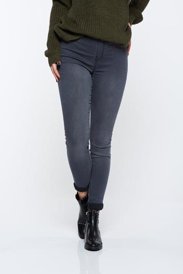 Blugi Top Secret gri inchis skinny din bumbac elastic cu talie medie