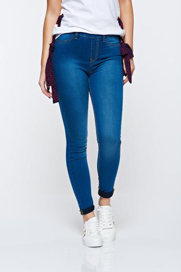 Blugi Top Secret albastri skinny din bumbac elastic cu talie medie