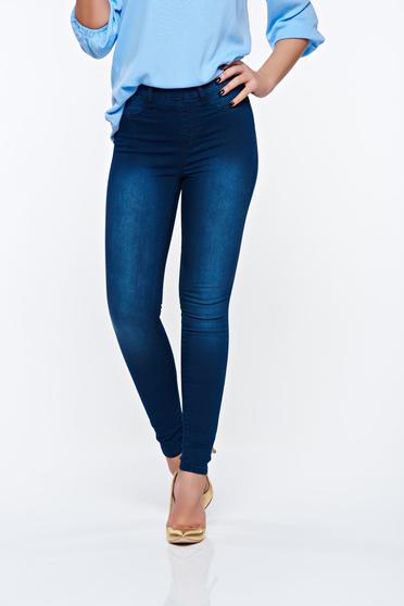 Blugi Top Secret albastri-inchis skinny din bumbac elastic cu talie medie