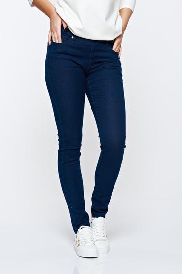 Blugi Top Secret albastri skinny din bumbac elastic cu buzunare in fata si in spate