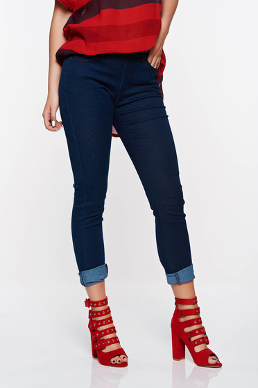 Blugi Top Secret albastri skinny din bumbac elastic cu buzunare in fata si in spate