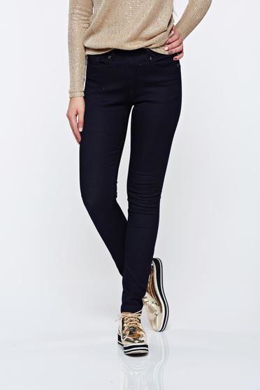 Blugi Top Secret albastri-inchis casual skinny cu talie medie cu elastic in talie