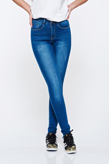 Blugi Top Secret albastri skinny din bumbac cu talie medie