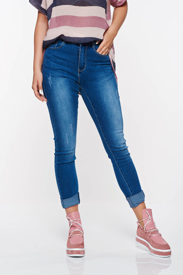 Blugi Top Secret albastri skinny din bumbac cu talie medie