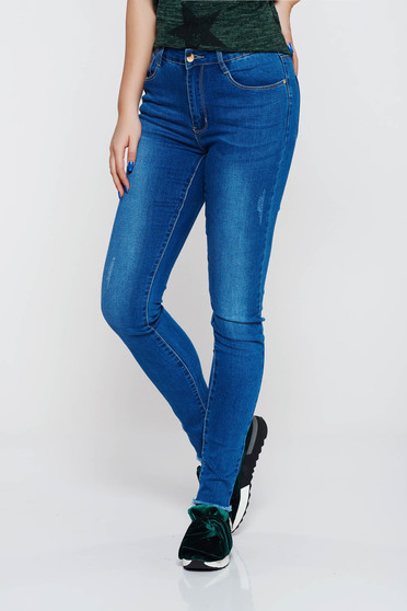 Blugi Top Secret albastri skinny din bumbac cu talie medie