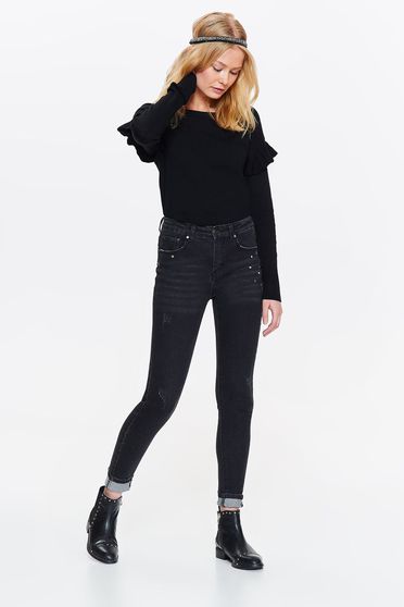 Blugi Top Secret negri skinny cu talie inalta cu aplicatii cu pietre strass