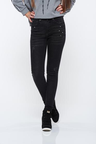 Blugi Top Secret negri skinny cu talie inalta cu aplicatii cu pietre strass