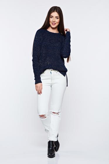 poze cu Pulover Top Secret albastru-inchis asimetric cu croi larg tricotat cu fir lame