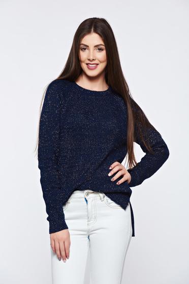 poze cu Pulover Top Secret albastru-inchis asimetric cu croi larg tricotat cu fir lame