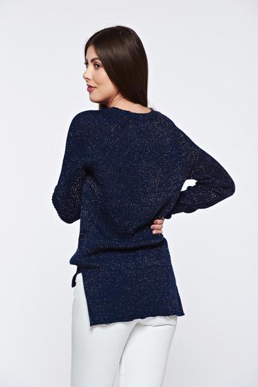 poze cu Pulover Top Secret albastru-inchis asimetric cu croi larg tricotat cu fir lame