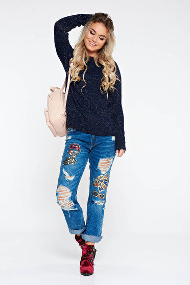 Pulover Top Secret albastru-inchis asimetric cu croi larg tricotat cu fir lame