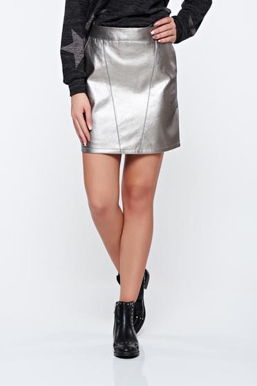 Fusta Top Secret argintie casual din piele ecologica cu aspect metalic