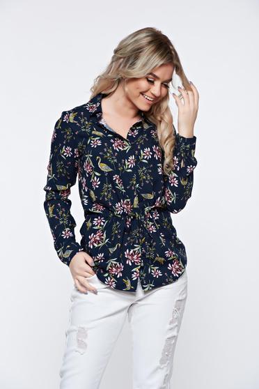 Camasa dama Top Secret albastra-inchis casual cu guler din material vaporos neelastic