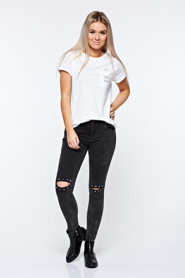poze cu Blugi Top Secret negri skinny din bumbac cu talie medie cu rupturi