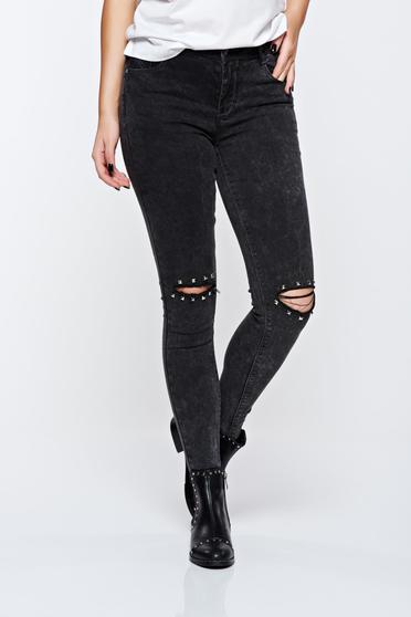 Blugi Top Secret negri skinny din bumbac cu talie medie cu rupturi