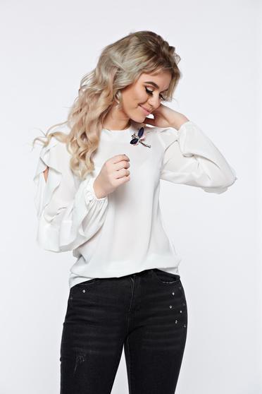 Bluza dama LaDonna alba eleganta din material vaporos accesorizata cu brosa