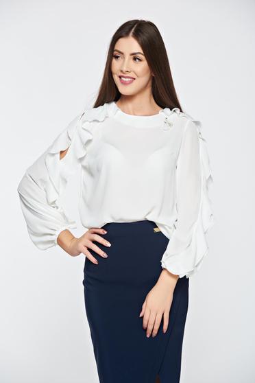 Bluza dama LaDonna alba eleganta din material vaporos accesorizata cu brosa
