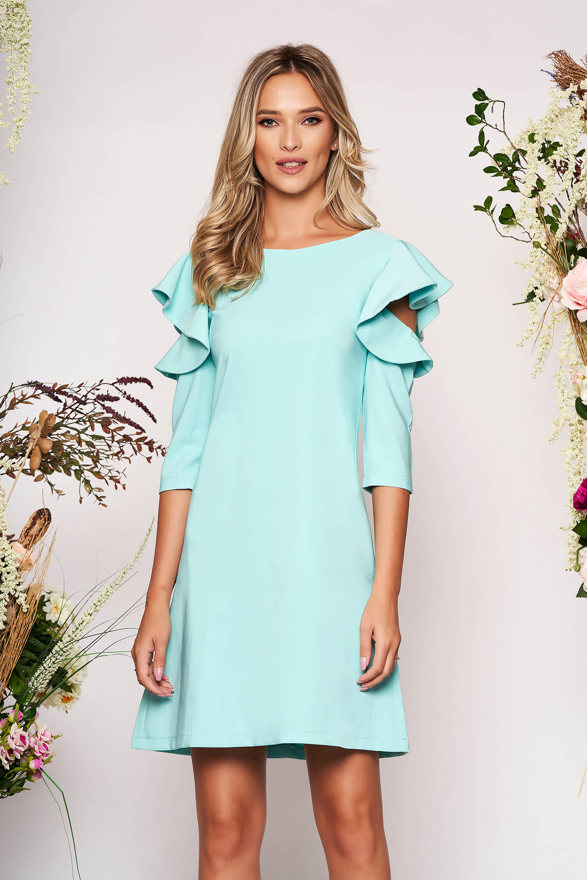 Rochie LaDonna mint eleganta de zi din stofa usor elastica cu croi in a si volanase la maneca