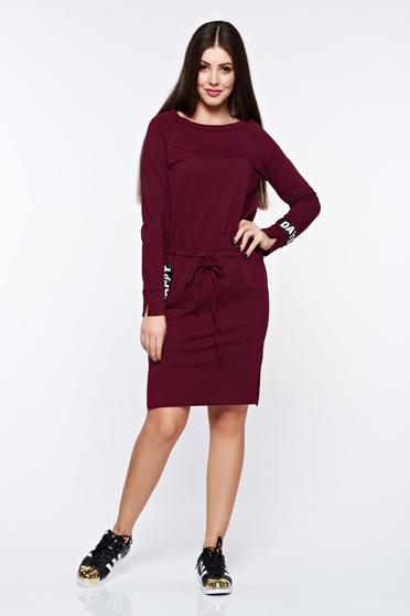 poze cu Rochie visinie casual din bumbac elastic cu croi larg cu snur in talie