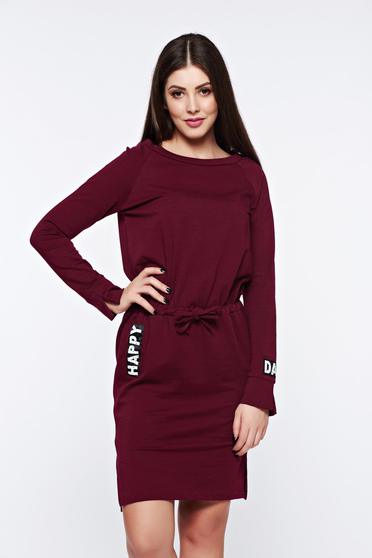 Rochie visinie casual din bumbac elastic cu croi larg cu snur in talie