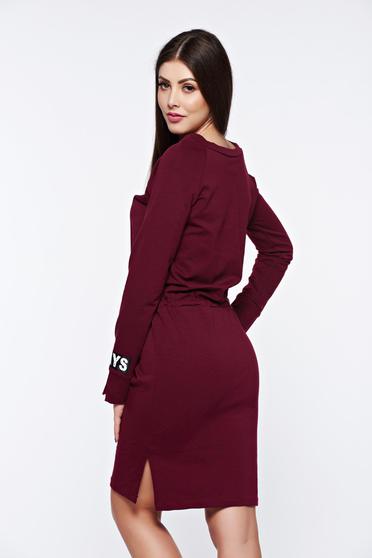 poze cu Rochie visinie casual din bumbac elastic cu croi larg cu snur in talie