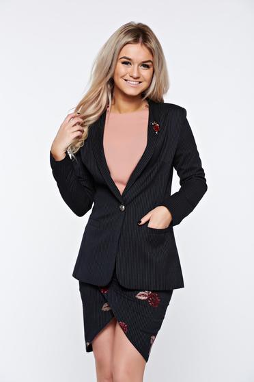 Sacou LaDonna negru office cambrat cu broderie si buzunare