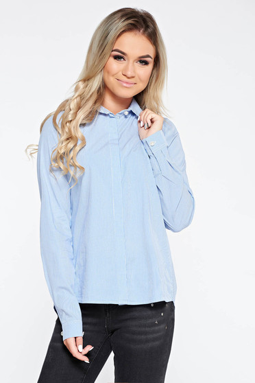 Camasa dama PrettyGirl albastra casual cu croi larg din bumbac cu guler ascutit