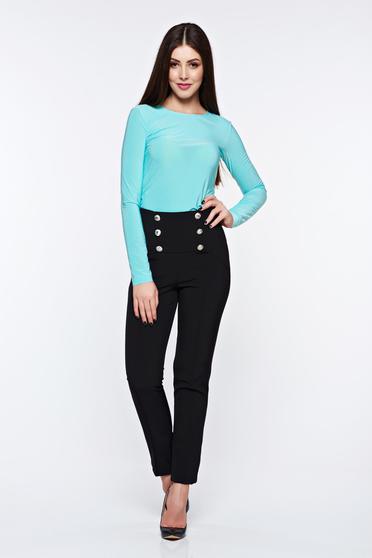 poze cu Pantaloni PrettyGirl negri office cu talie inalta din material elastic accesorizati cu nasturi