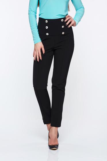 poze cu Pantaloni PrettyGirl negri office cu talie inalta din material elastic accesorizati cu nasturi