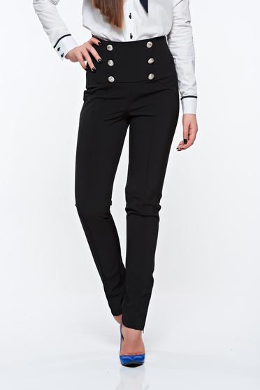 Pantaloni PrettyGirl negri office cu talie inalta din material elastic accesorizati cu nasturi