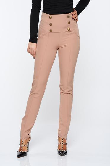 Pantaloni PrettyGirl crem office cu talie inalta din material elastic accesorizati cu nasturi