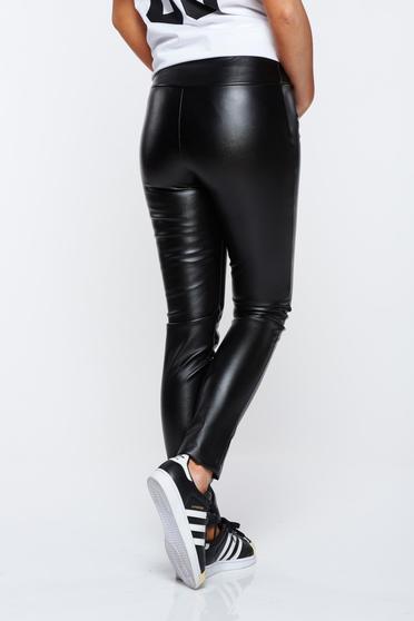 poze cu Colanti PrettyGirl negri casual din piele ecologica cu elastic in talie