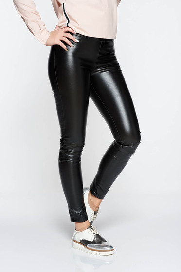 Colanti PrettyGirl negri casual din piele ecologica cu elastic in talie