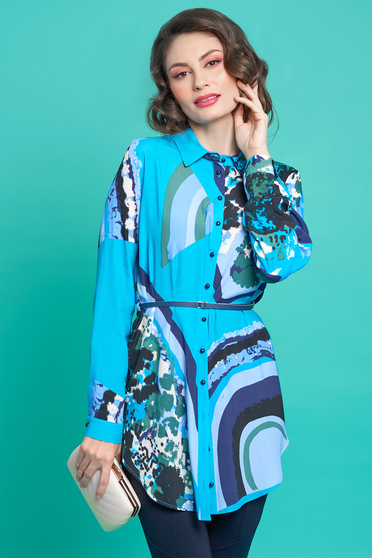 Camasa dama PrettyGirl albastra cu croi larg din material vaporos cu accesoriu tip curea