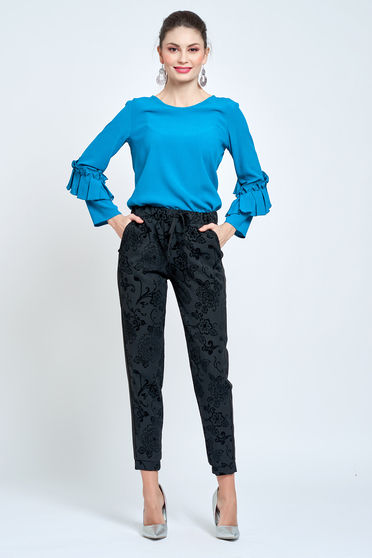 Pantaloni PrettyGirl negri conici cu elastic in talie cu buzunare