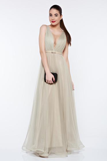 Rochie Ana Radu khaki de lux din tul captusita pe interior cu decolteu in v