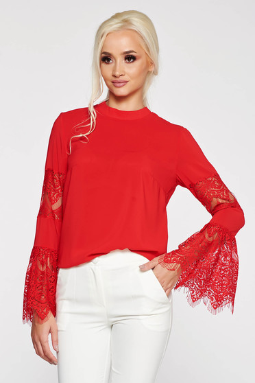 Bluza dama StarShinerS rosie eleganta cu maneci clopot din dantela