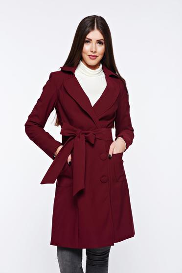 Trench Artista visiniu office din material usor elastic captusit pe interior cu buzunare