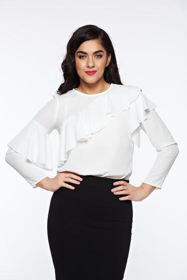 Bluza dama LaDonna alba eleganta cu croi larg din material vaporos cu volanase