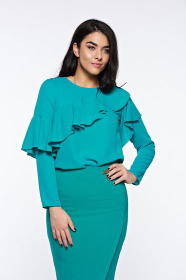 Bluza dama LaDonna verde eleganta cu croi larg din material vaporos cu volanase