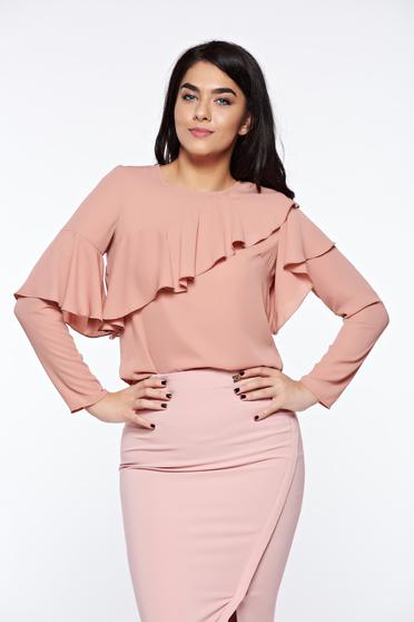 Bluza dama LaDonna rosa eleganta cu croi larg din material vaporos cu volanase
