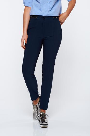 Pantaloni LaDonna albastri-inchis office conici cu talie medie din material usor elastic