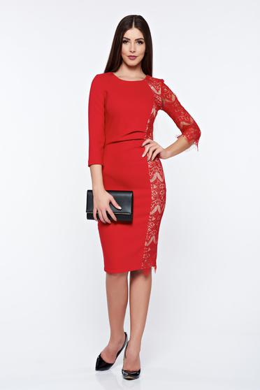 poze cu Rochie StarShinerS rosie eleganta tip creion cu aplicatii de dantela