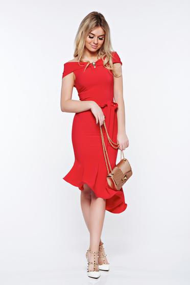Rochie Artista rosie eleganta din material elastic asimetrica cu umeri goi